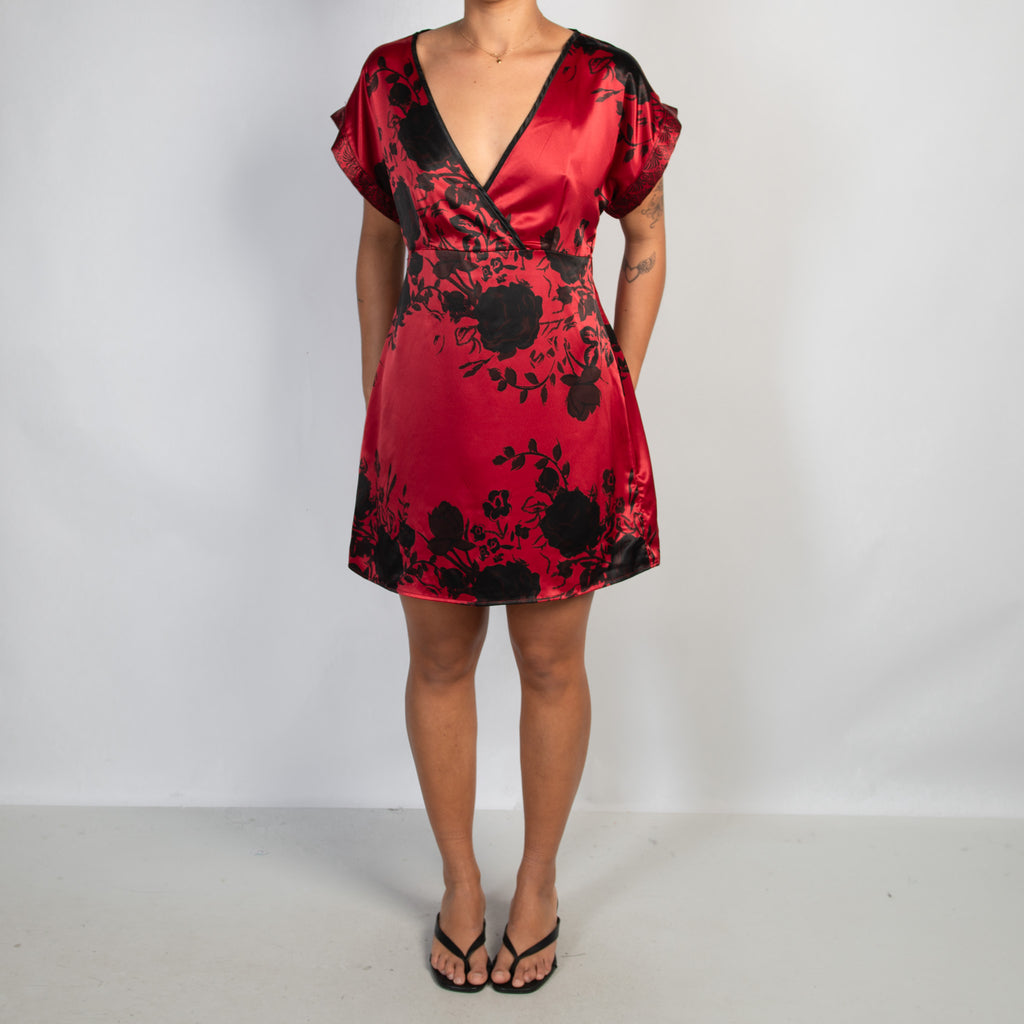 RED SATIN FLORAL DRESS