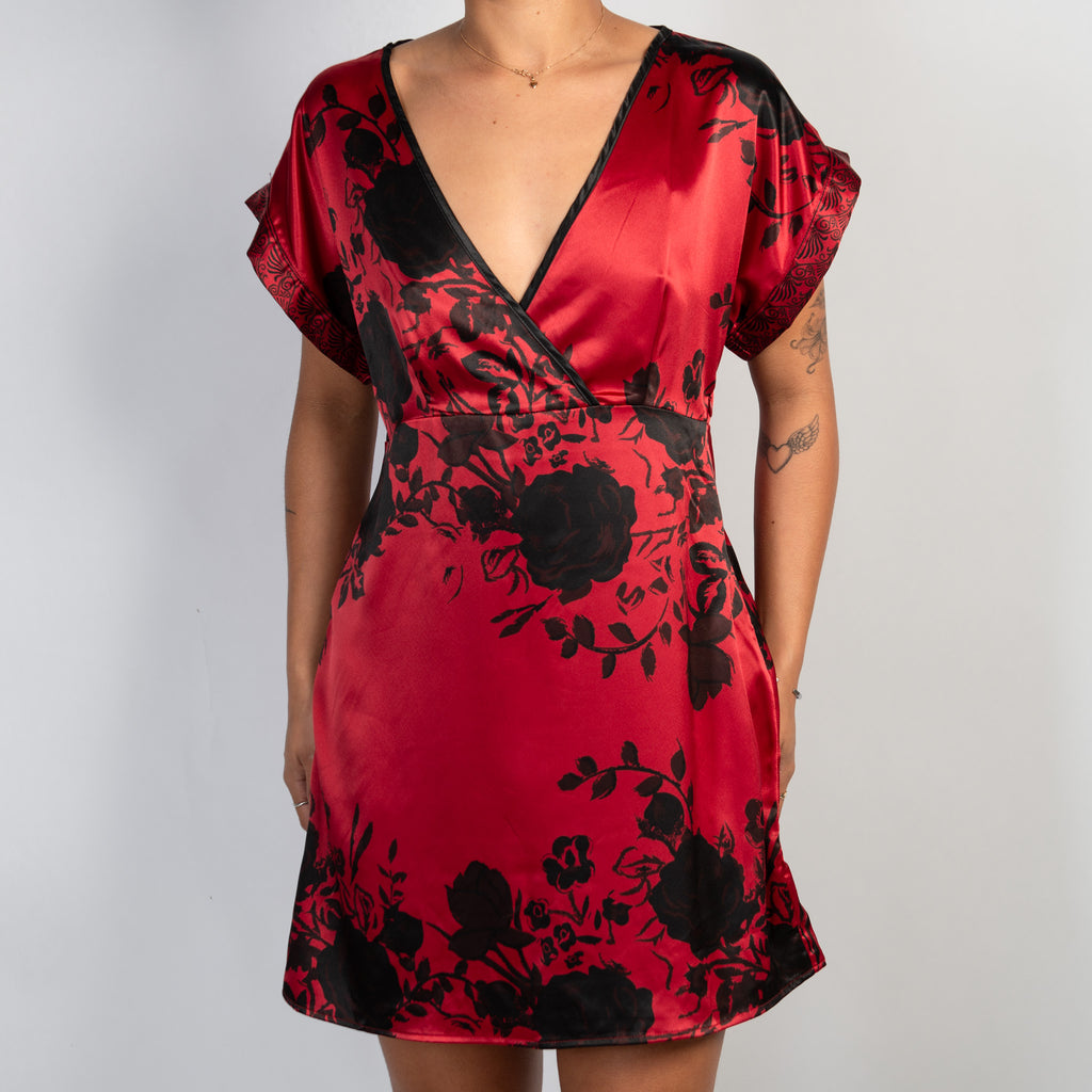 RED SATIN FLORAL DRESS