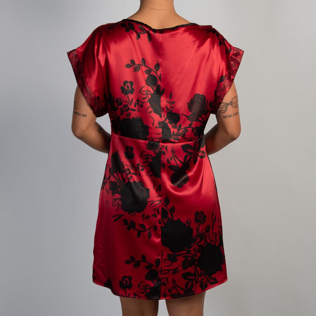 RED SATIN FLORAL DRESS