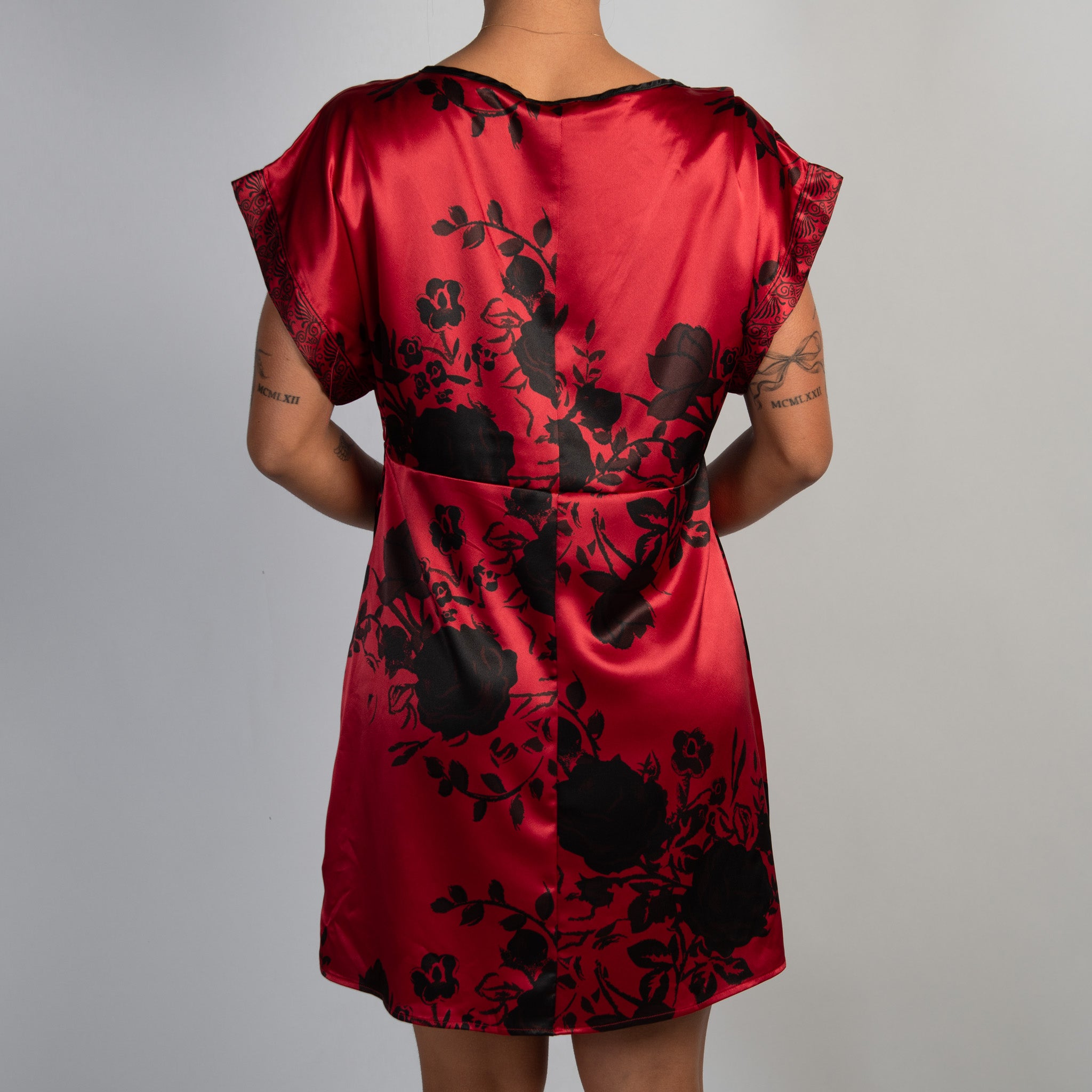 RED SATIN FLORAL DRESS