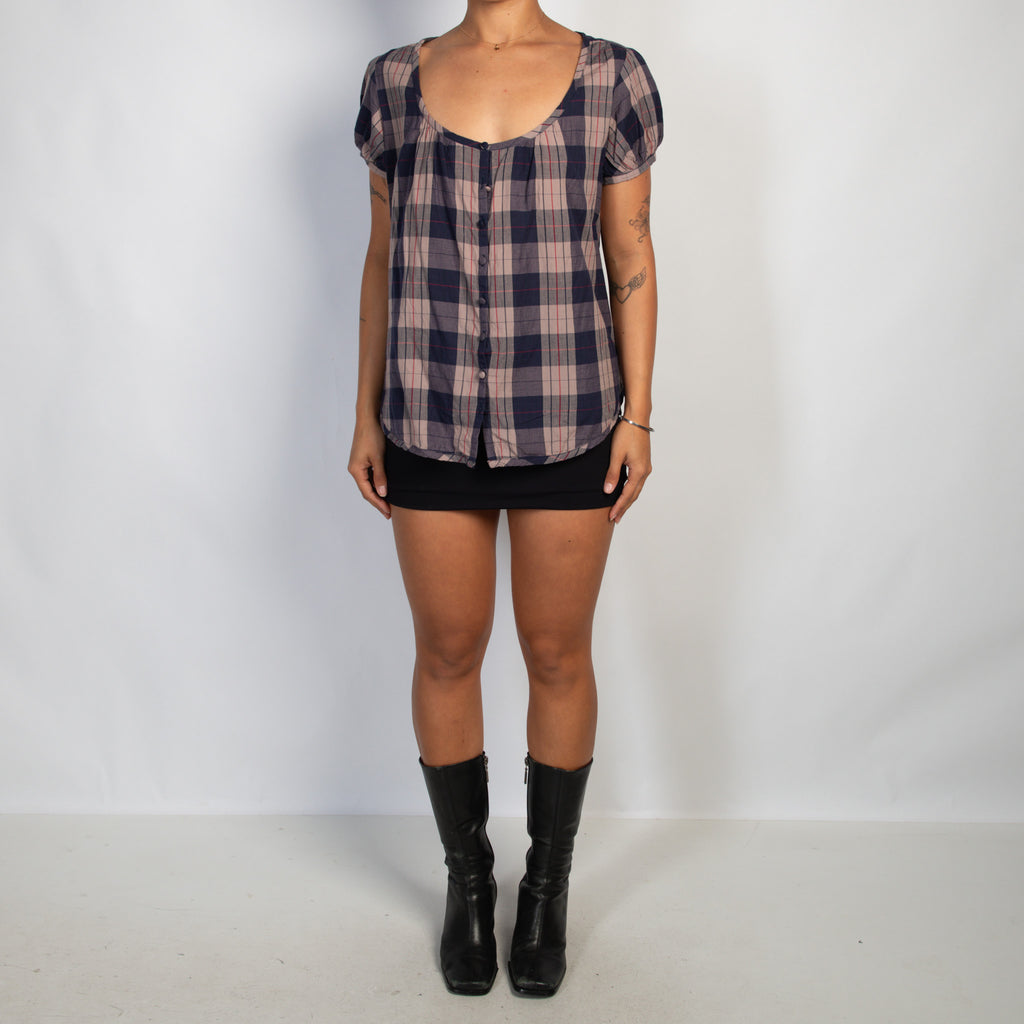 COTTON PLAID BUTTON BLOUSE
