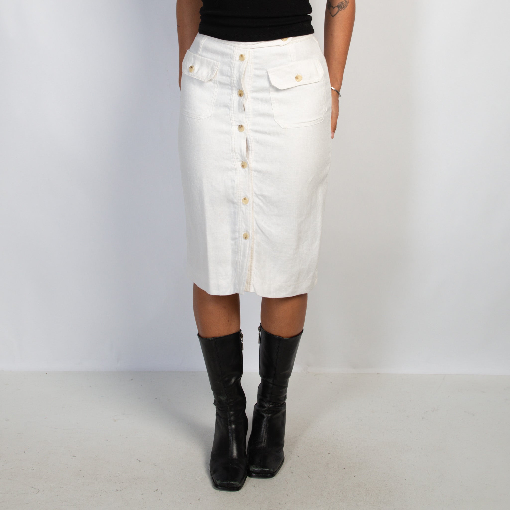 WHITE LINEN BUTTON SKIRT