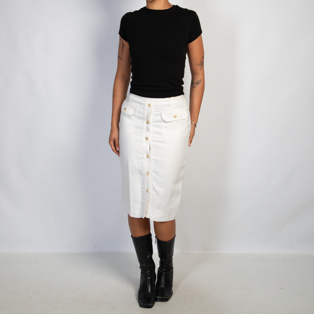 WHITE LINEN BUTTON SKIRT