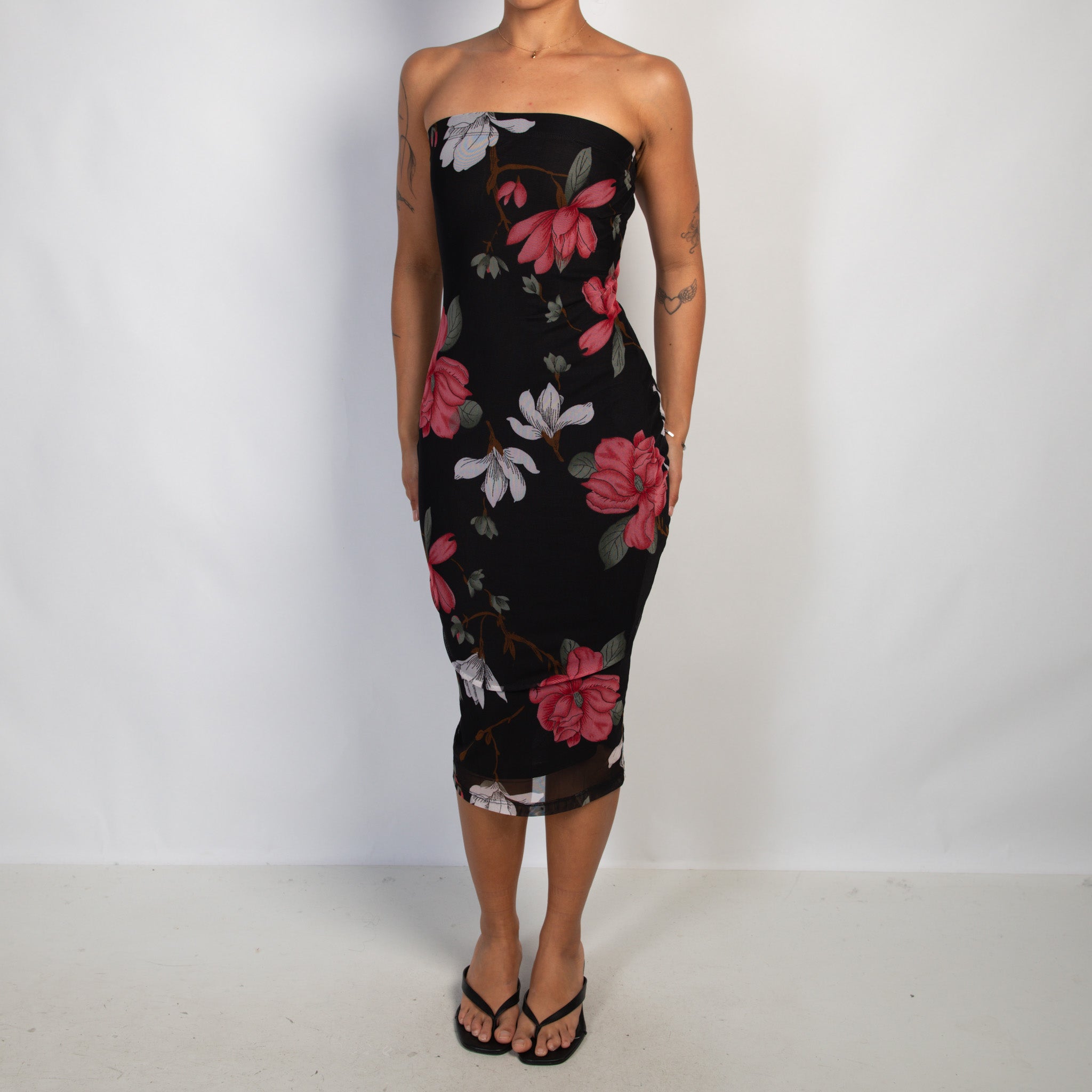 FLORAL MESH MIDI DRESS