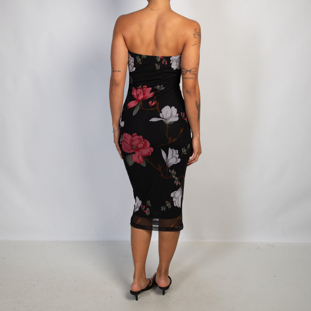 FLORAL MESH MIDI DRESS