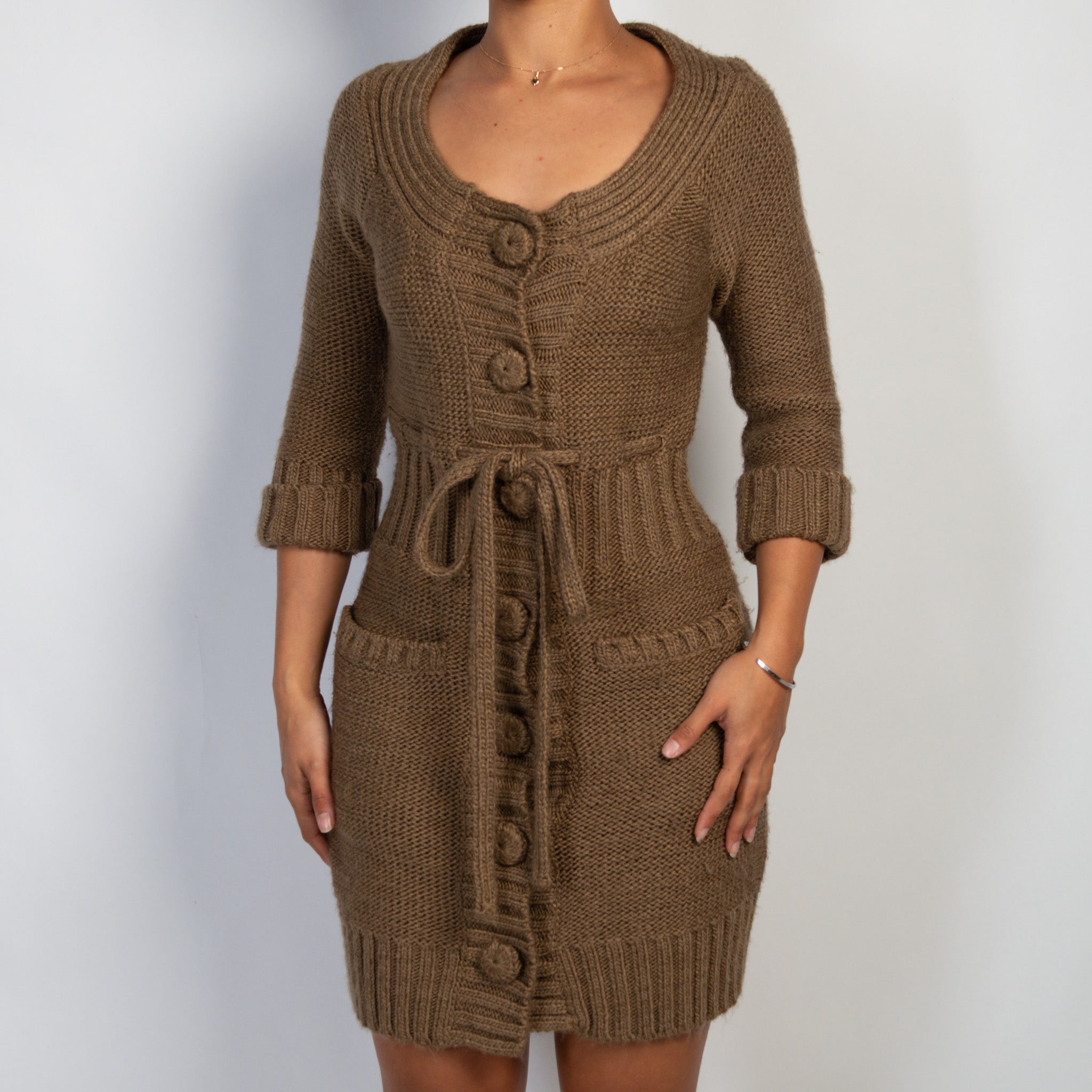 BROWN KNIT BUTTON DRESS