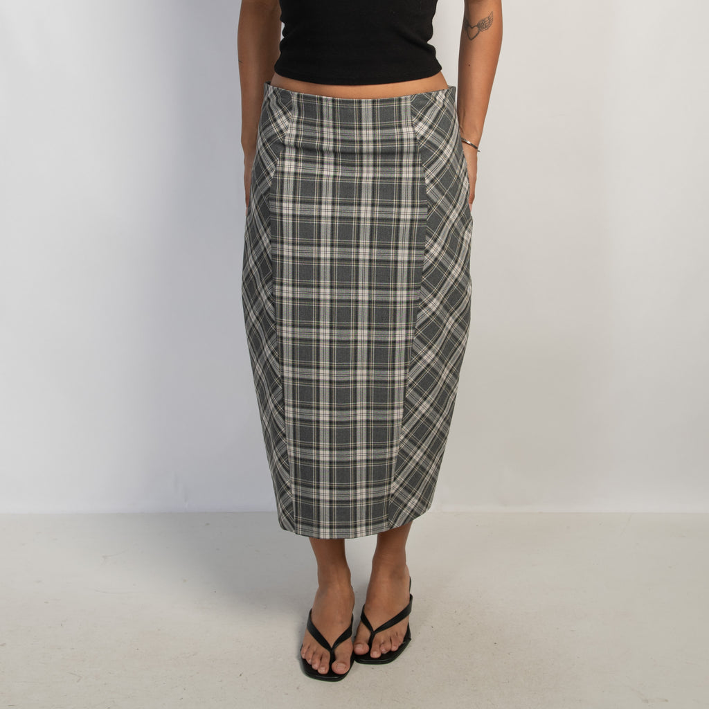 GREY PLAID MIDI SKIRT