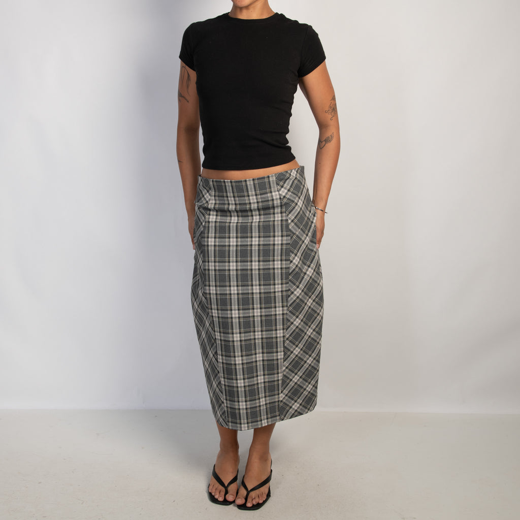 GREY PLAID MIDI SKIRT