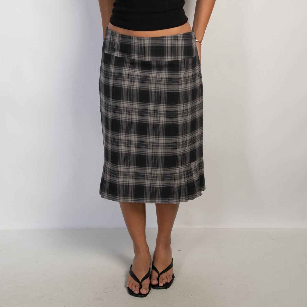 GREY PLAID MIDI SKIRT