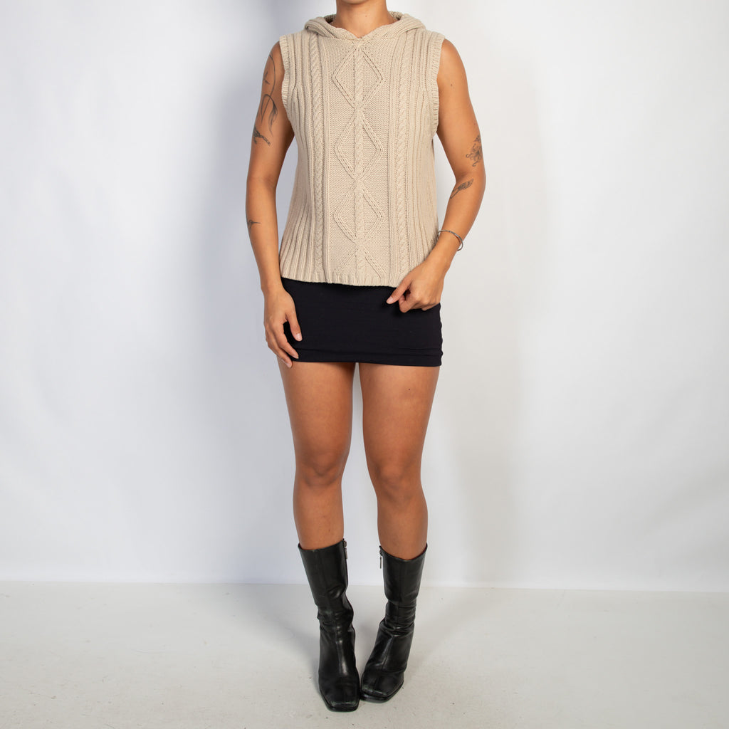BEIGE KNIT HOODED TOP