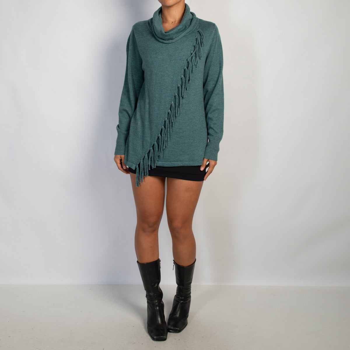 TEAL KNIT FRINGE TOP