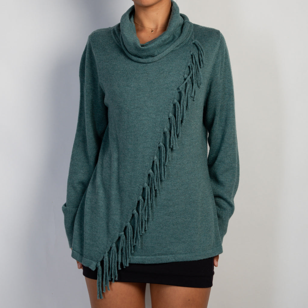 TEAL KNIT FRINGE TOP