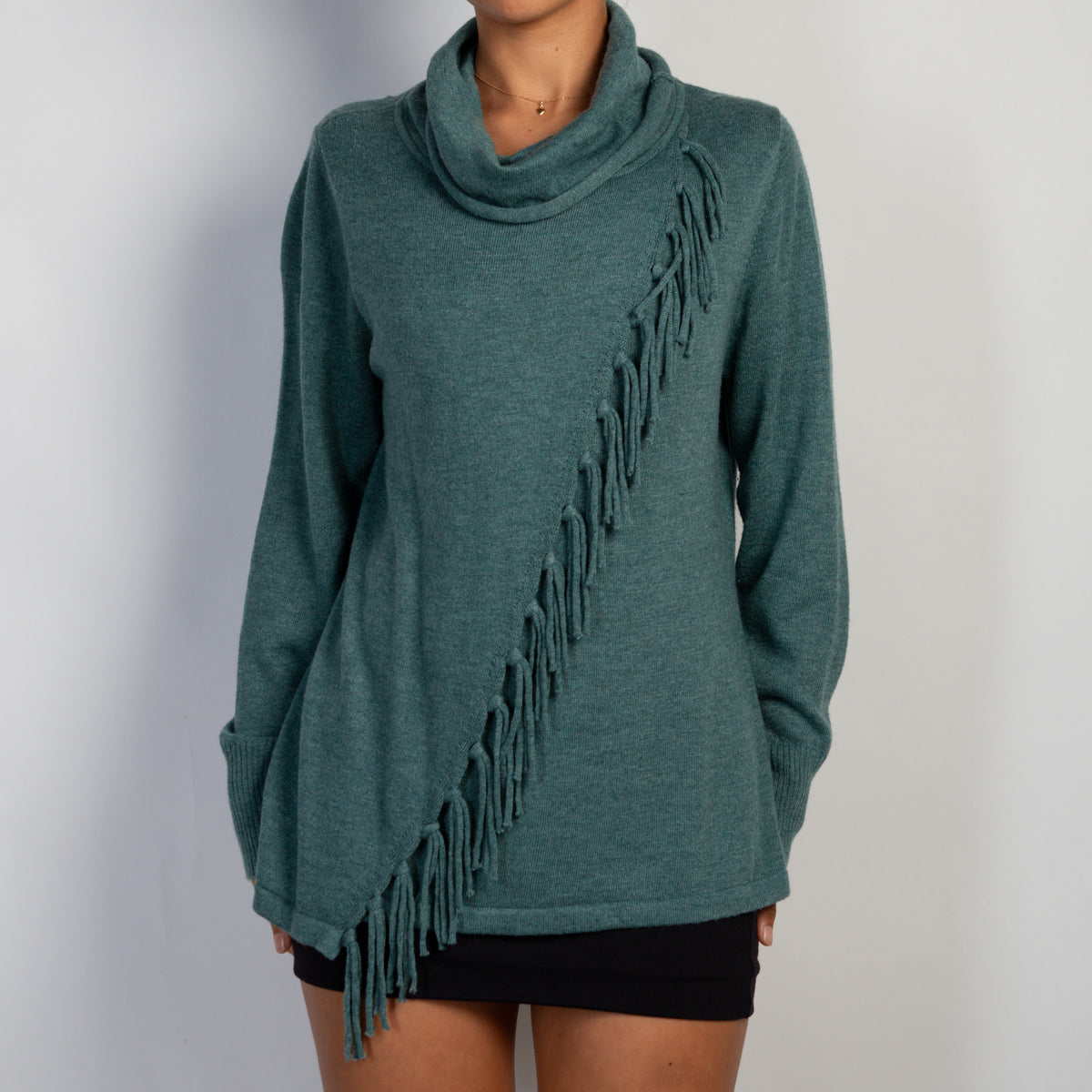 TEAL KNIT FRINGE TOP