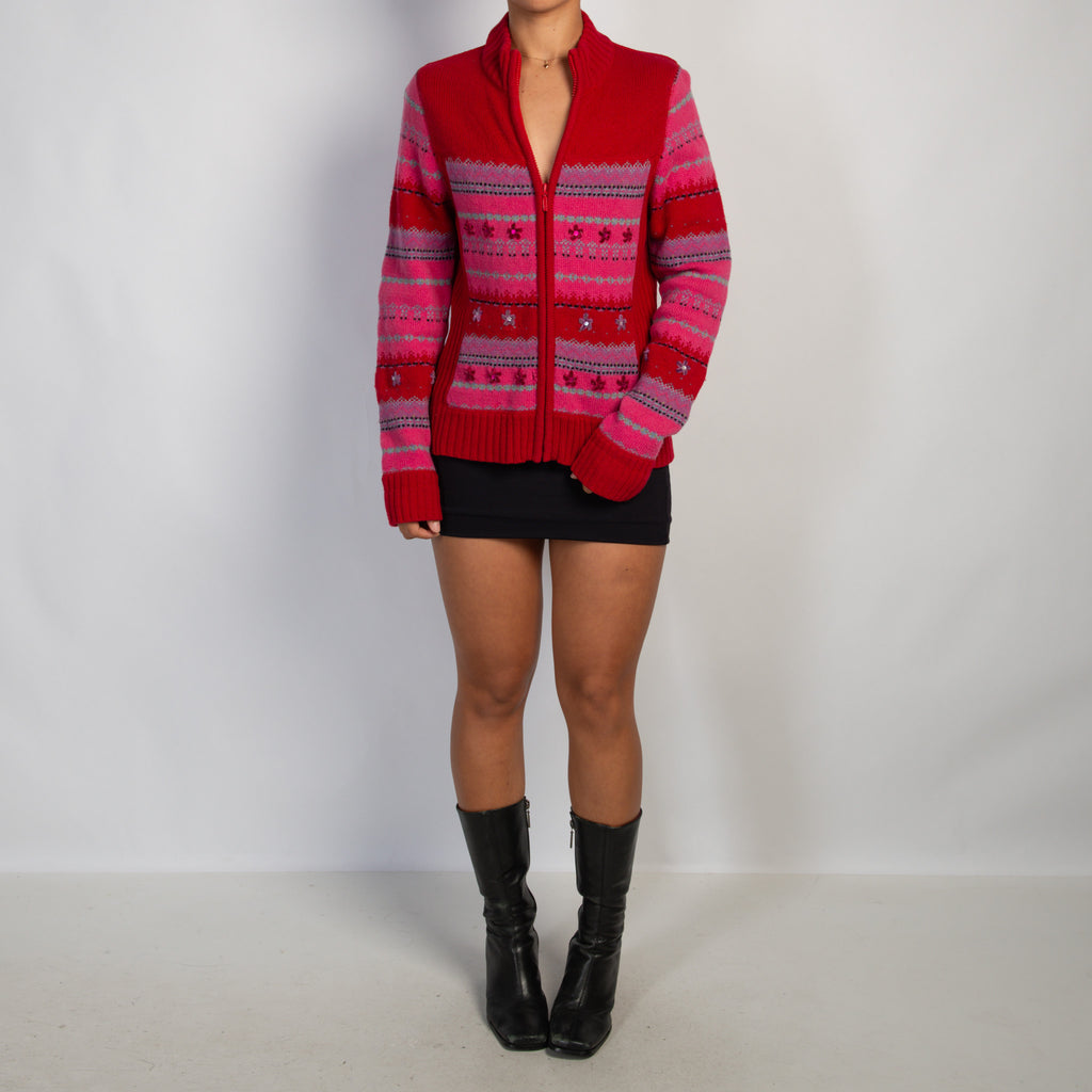 PATTERN KNIT ZIP CARDIGAN