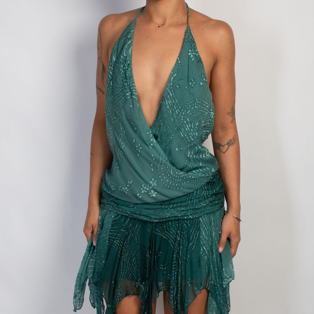 TEAL SILK HALTER DRESS