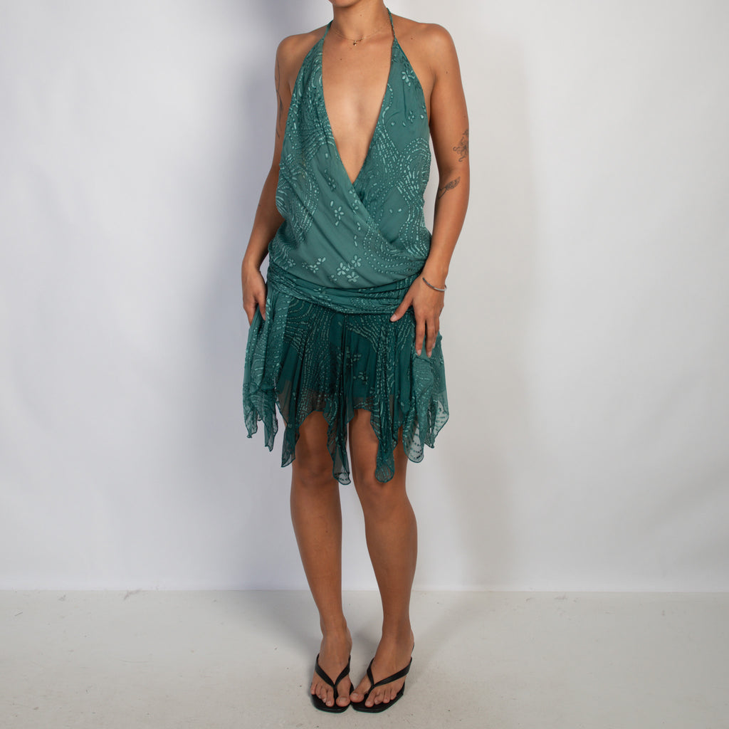 TEAL SILK HALTER DRESS