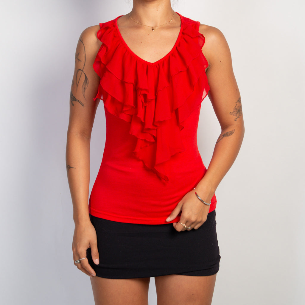 RED RUFFLE SLEEVELESS TOP