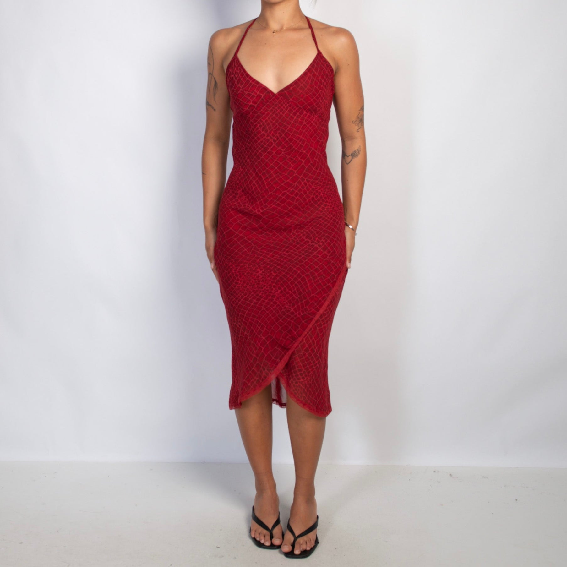 RED HALTER MIDI DRESS
