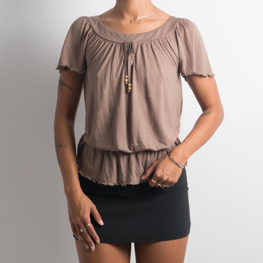 TAUPE SHORT SLEEVE BOHO TOP