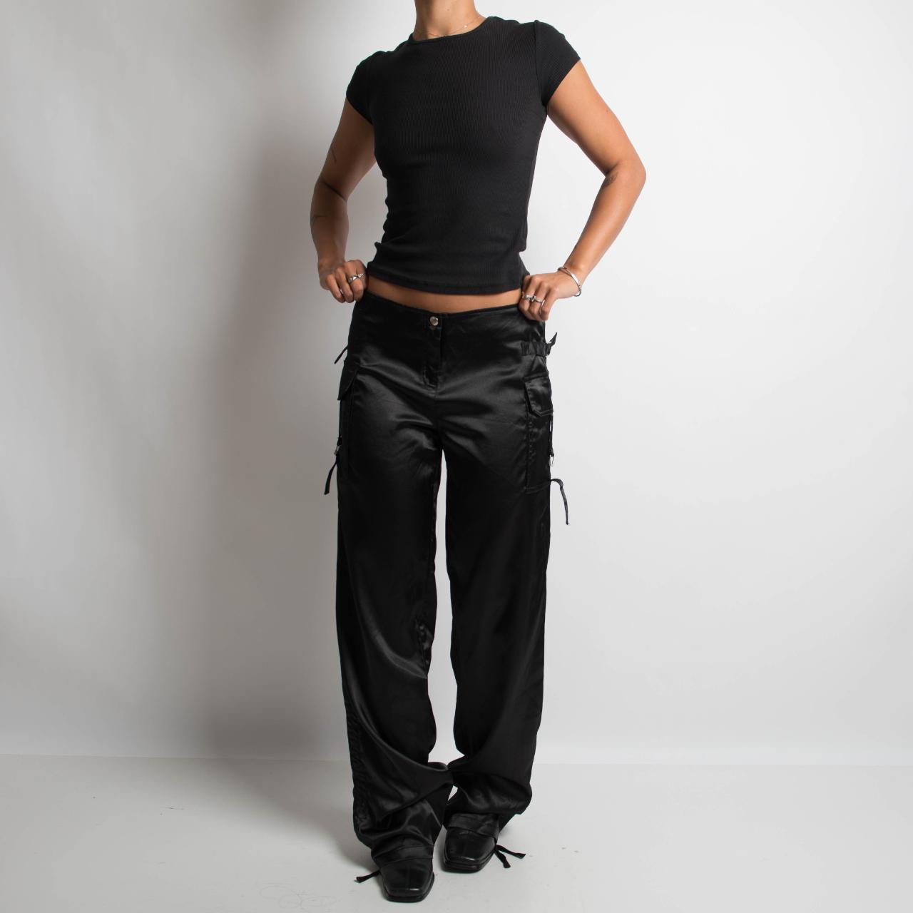 BLACK SATIN CARGO UTILITY PANTS