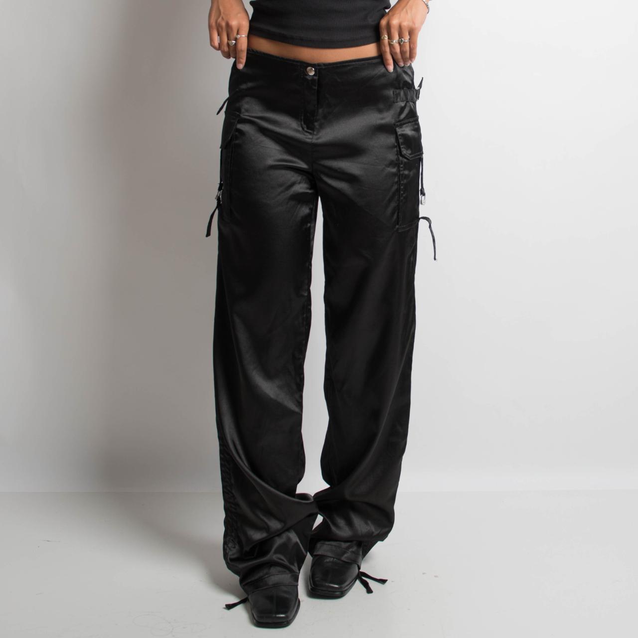 BLACK SATIN CARGO UTILITY PANTS