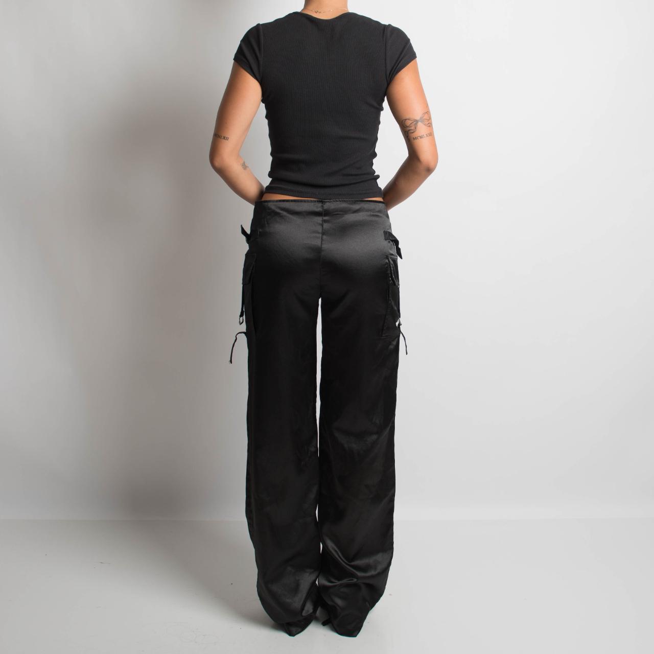 BLACK SATIN CARGO UTILITY PANTS