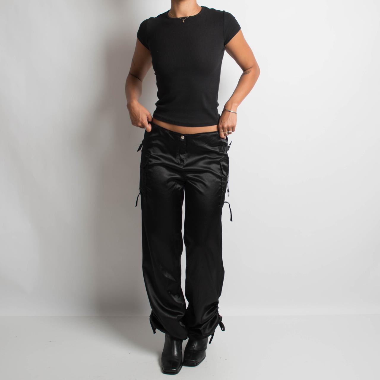 BLACK SATIN CARGO UTILITY PANTS