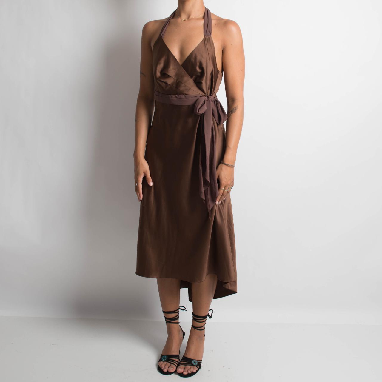 BROWN SATIN MIDI DRESS