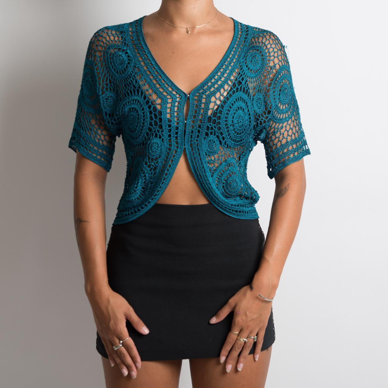 SHEER TEAL CROCHET TOP