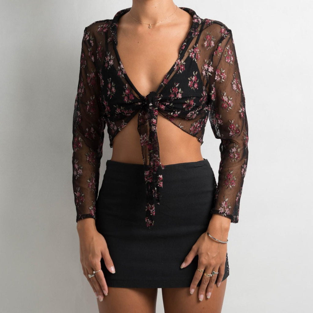 SHEER FLORAL WRAP TOP