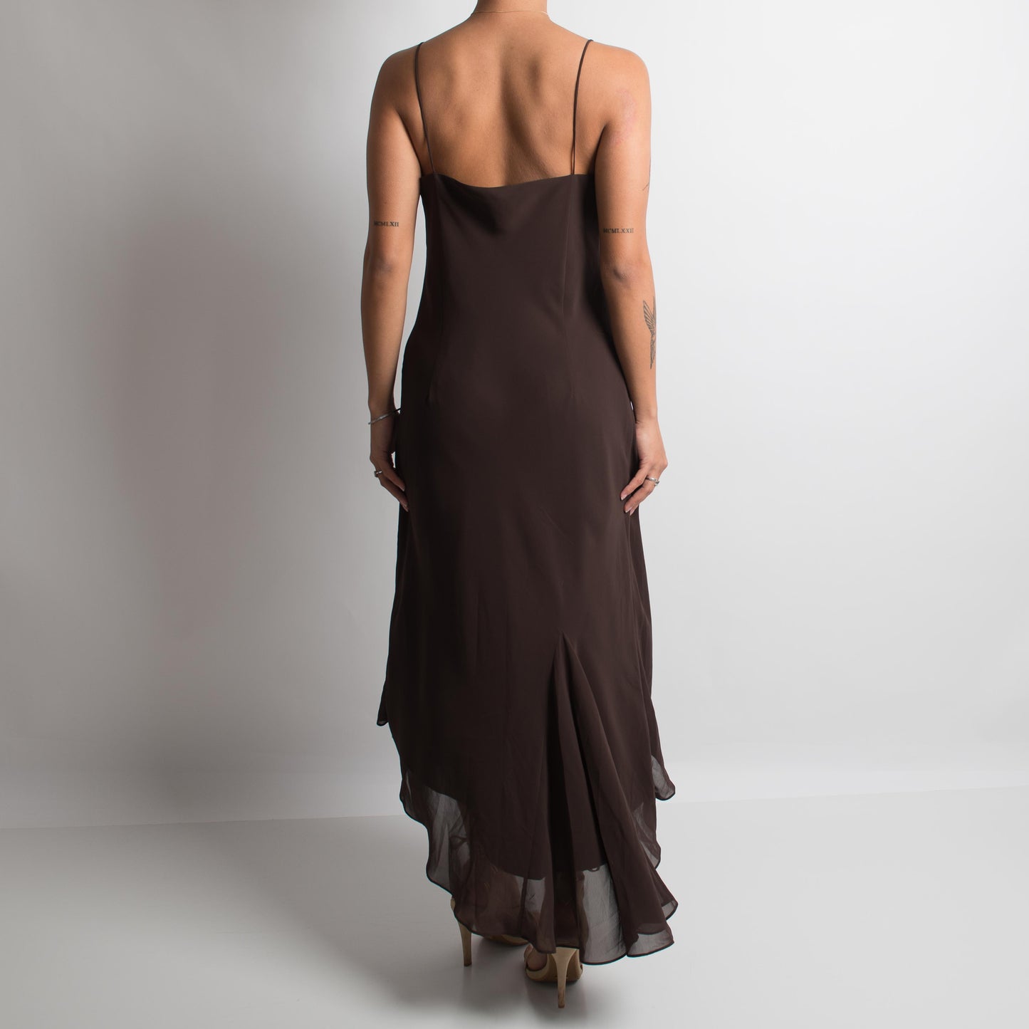 BROWN ASYMMETRIC MIDI DRESS