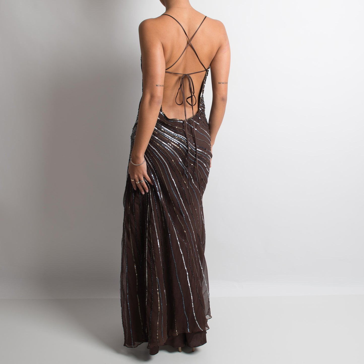 BROWN BACKLESS SILK BEADED GOWN