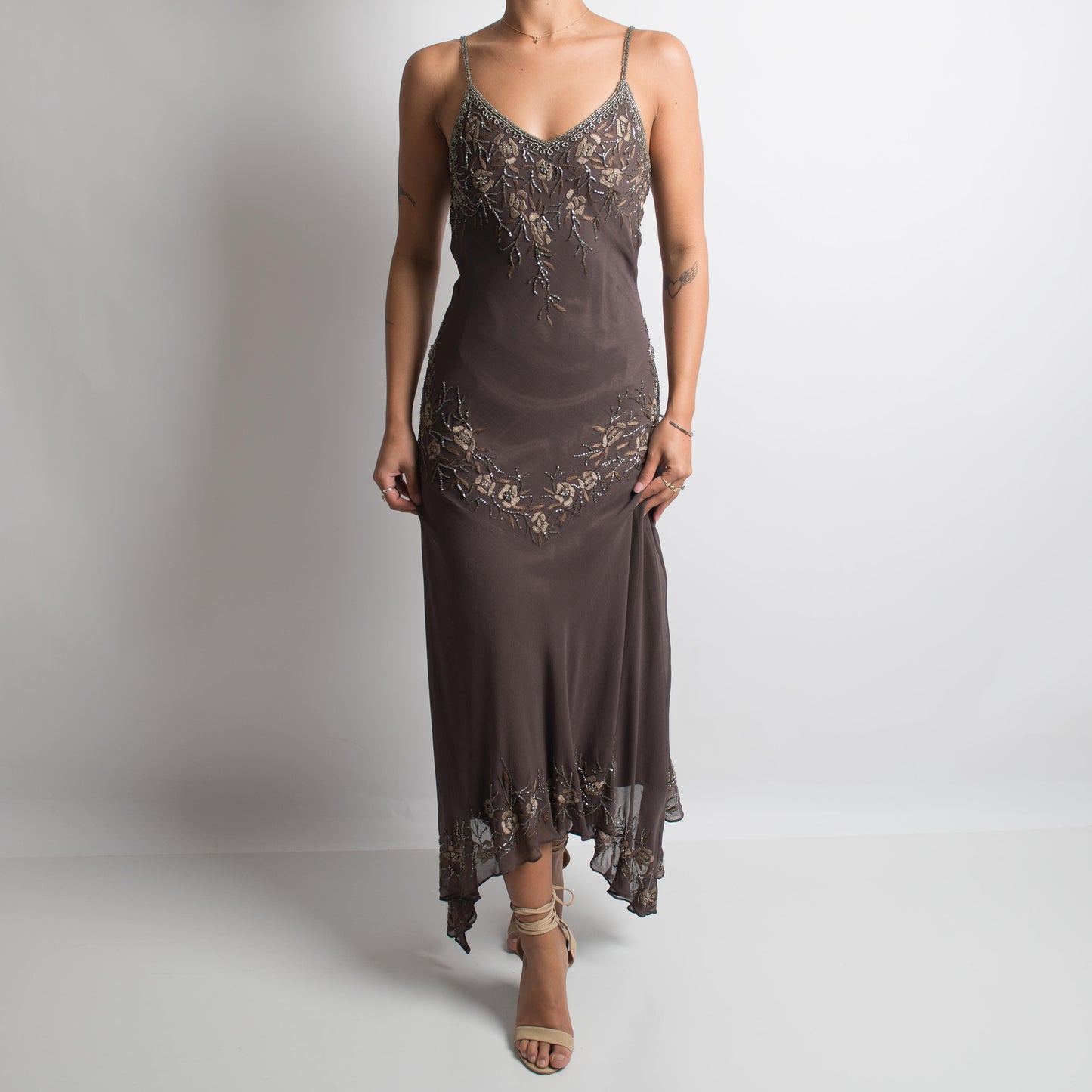 BROWN SILK BEADED ASYMMETRIC GOWN