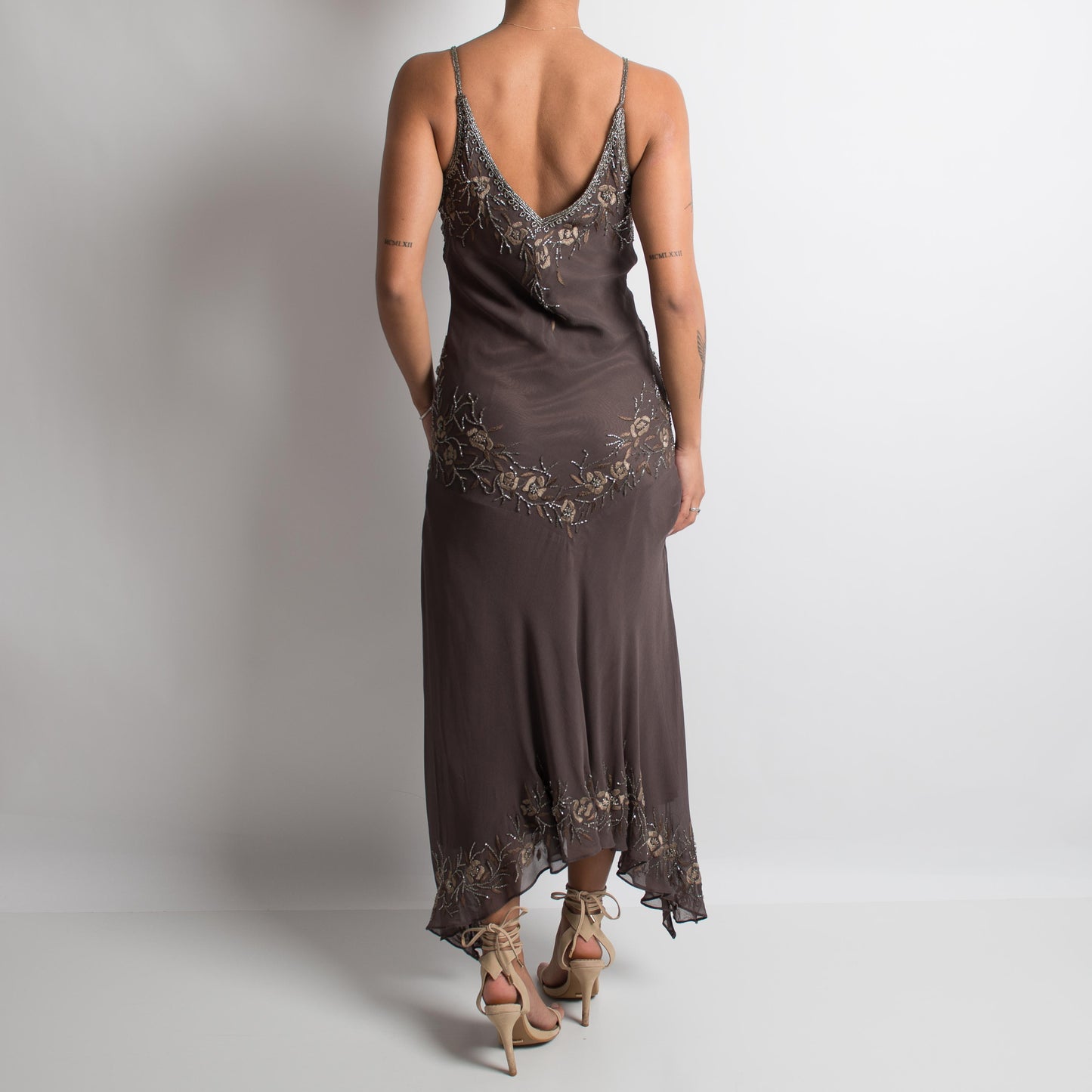 BROWN SILK BEADED ASYMMETRIC GOWN