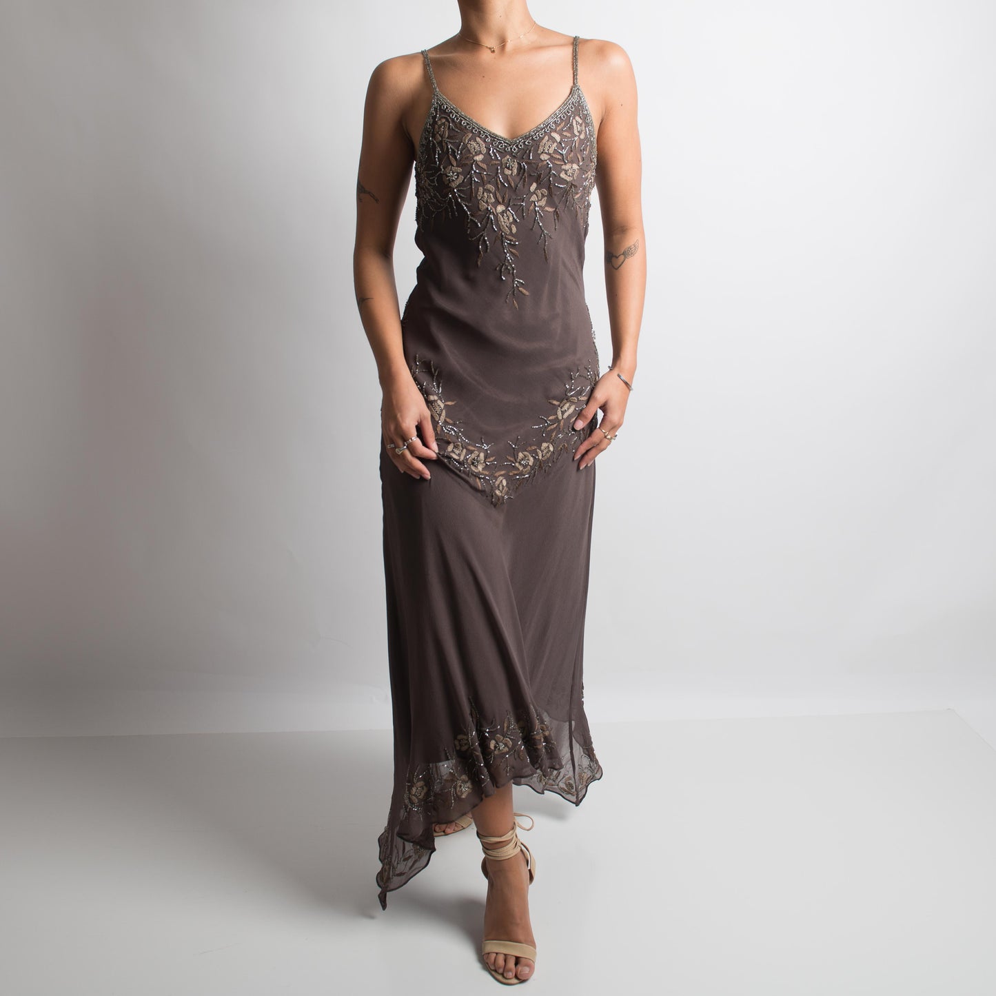 BROWN SILK BEADED ASYMMETRIC GOWN