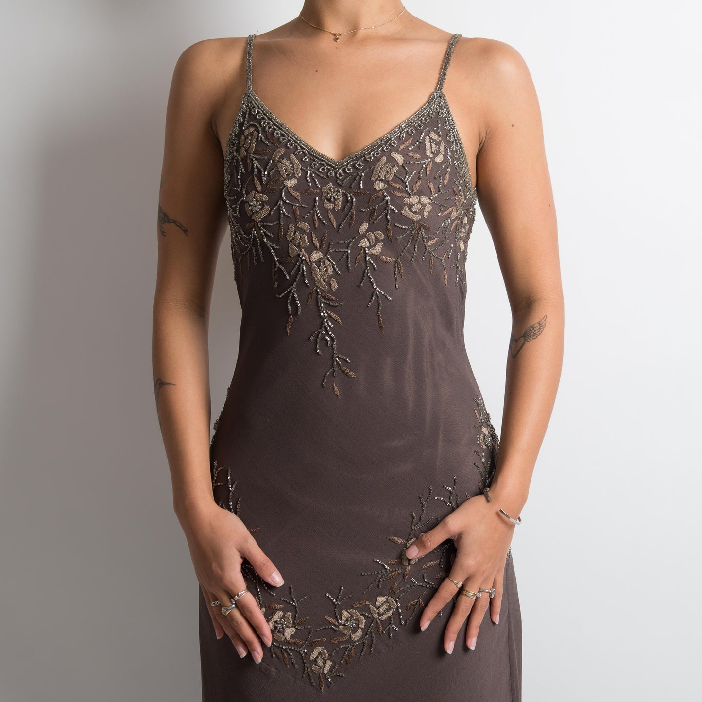 BROWN SILK BEADED ASYMMETRIC GOWN