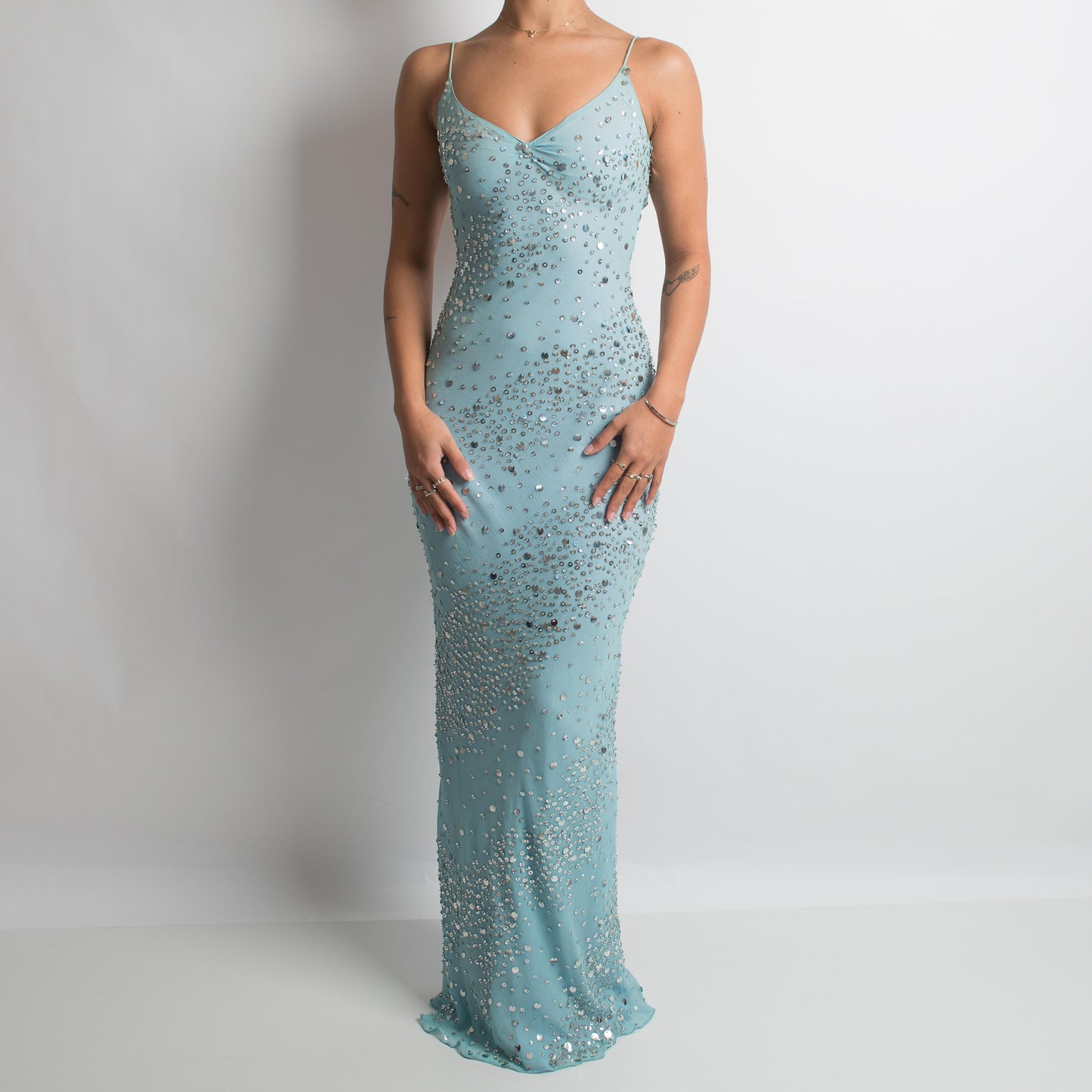 BLUE SILK BEADED GOWN