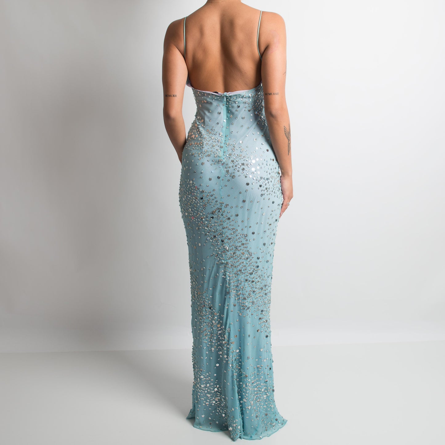 BLUE SILK BEADED GOWN